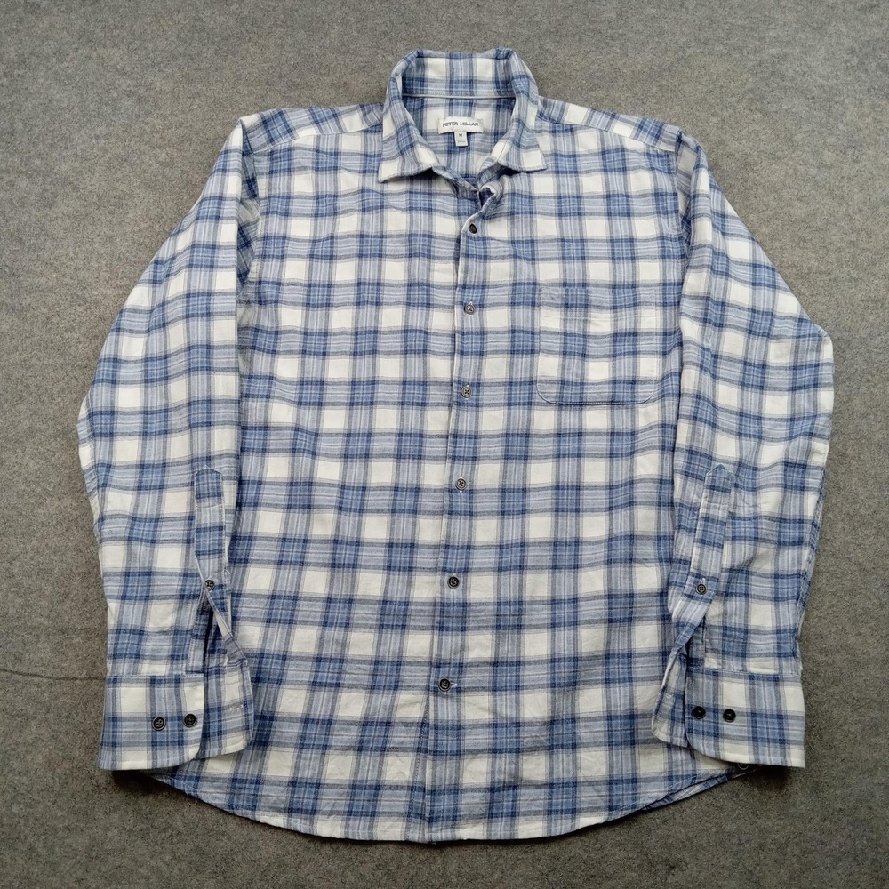 Peter Millar Shirt Mens Medium Blue Plaid Button Front Long Sleeve Cotton Casual